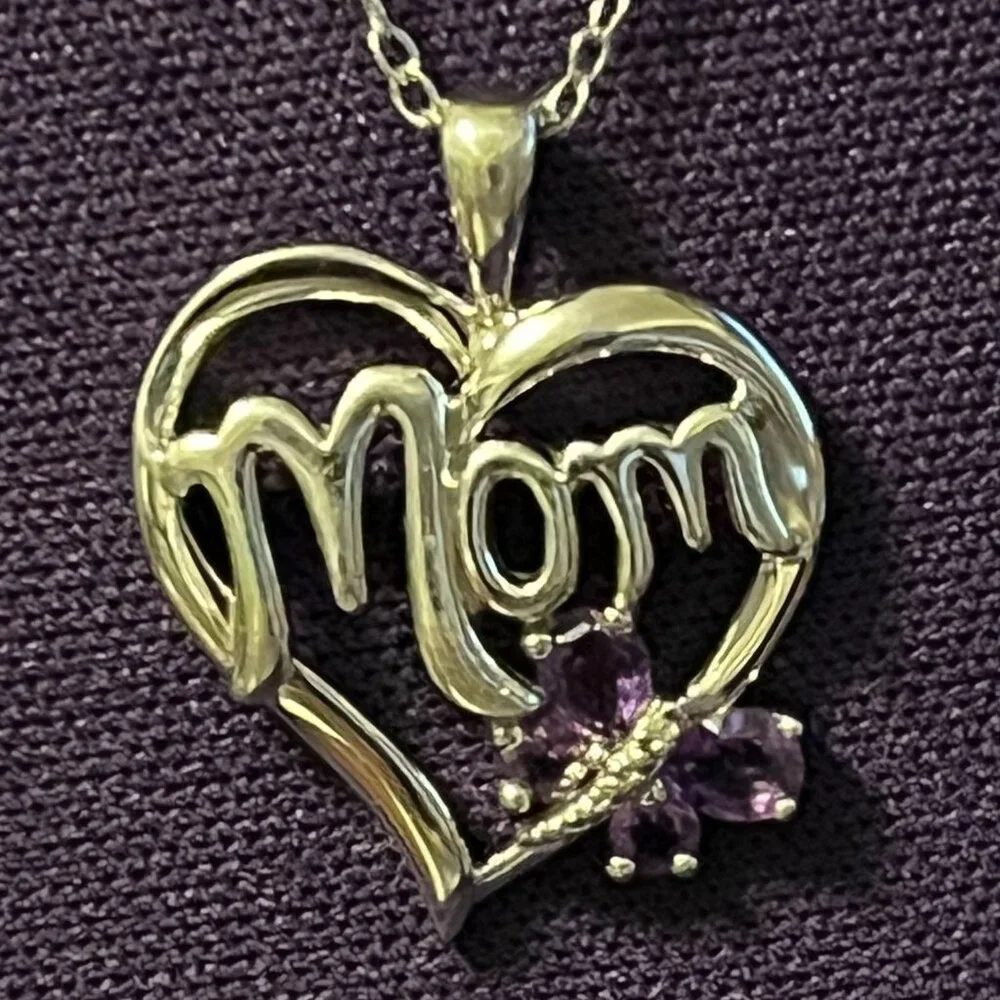 Sterling Silver MOM Heart Pendant, Amethyst & Diamond Accent - Mother’s Day Gift - Picture 1 of 13